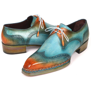 Paul Parkman Men's Shoes Turquoise & Tobacco Calf-Skin Leather Norwegian Welted Derby Oxfords 8506-TRQ (PM6215)-AmbrogioShoes