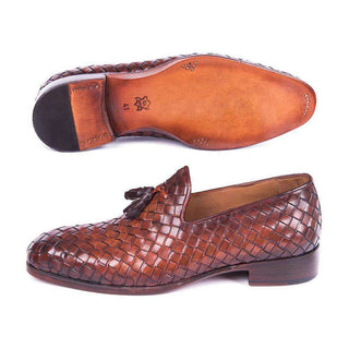 Paul Parkman Handmade Shoes Mens Brown Woven Calfskin Tassel Loafers (PM5803)-AmbrogioShoes