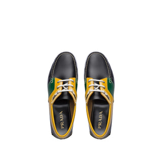 Prada 2EG270-X2O Men's Shoes Black, Green & Yellow Calf-Skin Leather Boat Moccasin Loafers (PRM1009)-AmbrogioShoes