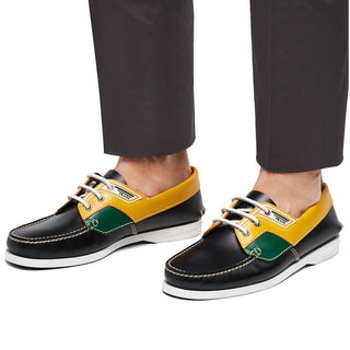 Prada 2EG270-X2O Men's Shoes Black, Green & Yellow Calf-Skin Leather Boat Moccasin Loafers (PRM1009)-AmbrogioShoes