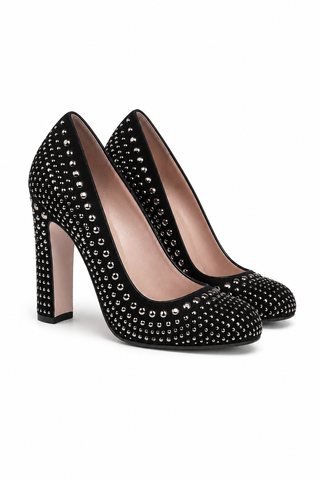 Prada Women's Designer Black High-Heel Pumps Studded Suede Designer Shoes (prw82)
