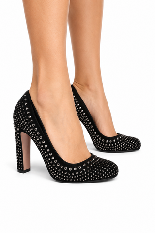 Prada Women's Designer Black High-Heel Pumps Studded Suede Designer Shoes (prw82)