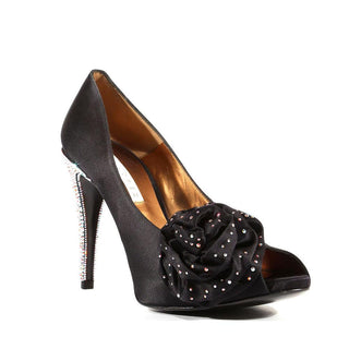 Pura Lopez N604 Women's Hand Strass Crystal Black Satin Open-Toe Pumps (PL102)-AmbrogioShoes