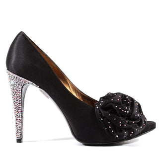 Pura Lopez N604 Women's Hand Strass Crystal Black Satin Open-Toe Pumps (PL102)-AmbrogioShoes