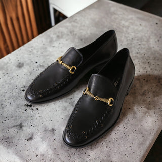 Roberto Cavalli 22505-A Men's Shoes Black Calf-Skin Leather Horsebit Loafers (RC1005)-AmbrogioShoes