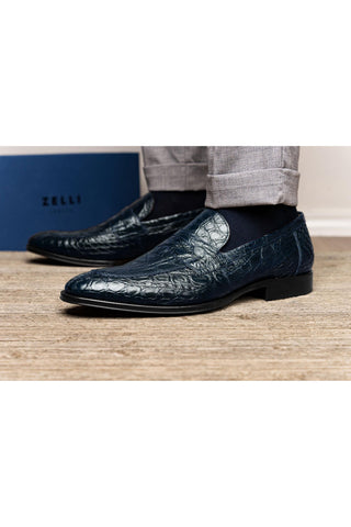Roma Crocodile Loafer - Navy-Dellamoda