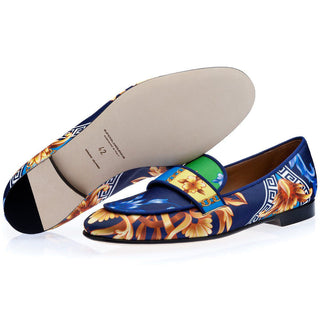 Super Glamourous Bolero Acanthus Men's Shoes Navy Texture Print Satin Loafers (SPGM1009)-AmbrogioShoes