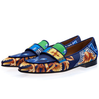Super Glamourous Bolero Acanthus Men's Shoes Navy Texture Print Satin Loafers (SPGM1009)-AmbrogioShoes