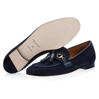 Super Glamourous Bruno Velukid Men's Shoes Navy Suede Leather Tassel Loafers (SPGM1061)-AmbrogioShoes