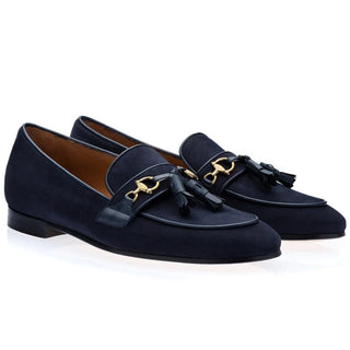 Super Glamourous Bruno Velukid Men's Shoes Navy Suede Leather Tassel Loafers (SPGM1061)-AmbrogioShoes