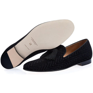 Super Glamourous Freddie Men's Shoes Black Zigzag Lurex Velvet Slipper Loafers (SPGM1036)-AmbrogioShoes