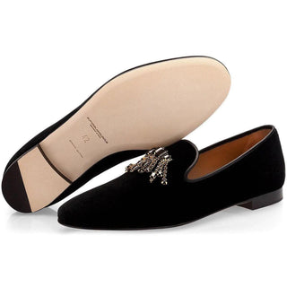 SUPERGLAMOUROUS Gilles Black Velour Velvet Slipper Loafers (SPGM1034)-AmbrogioShoes