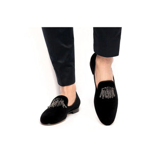 Super Glamourous Gilles Men's Shoes Black Velour Velvet Slipper Loafers (SPGM1034)-AmbrogioShoes