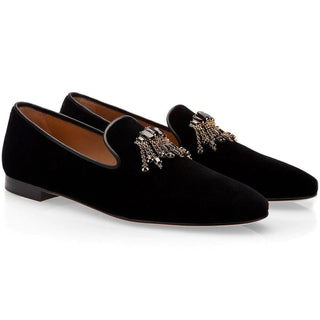 Super Glamourous Gilles Men's Shoes Black Velour Velvet Slipper Loafers (SPGM1034)-AmbrogioShoes