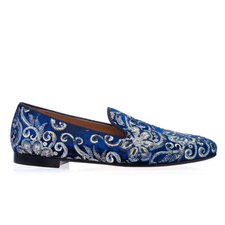SUPERGLAMOUROUS Harley Ayame Men's Shoes Navy & Silver Embroidered Velvet Slipper Loafers (SPGM1178)-AmbrogioShoes
