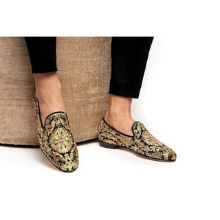 SUPERGLAMOUROUS Harley Yamka Black & Gold Embroidered Canvas Loafers (SPGM1028)-AmbrogioShoes