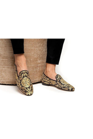 SUPERGLAMOUROUS Harley Yamka Black & Gold Embroidered Canvas Loafers (SPGM1028)