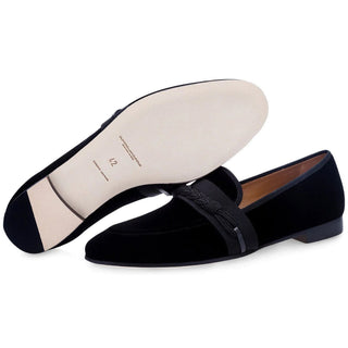 Super Glamourous Honore Men's Shoes Black Velour Velvet Slipper Loafers (SPGM1045)-AmbrogioShoes