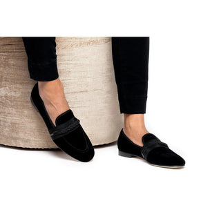 Super Glamourous Honore Men's Shoes Black Velour Velvet Slipper Loafers (SPGM1045)-AmbrogioShoes