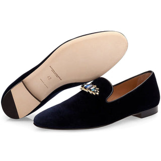 Super Glamourous Joel Men's Shoes Navy Velour Velvet Slipper Loafers (SPGM1040)-AmbrogioShoes