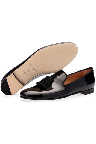 SUPERGLAMOUROUS Louis Black Silk Patent Tassel Slipper Formal Loafers (SPGM1134)