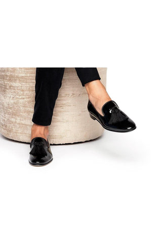 SUPERGLAMOUROUS Louis Black Silk Patent Tassel Slipper Formal Loafers (SPGM1134)