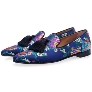 Super Glamourous Louis Korela Men's Shoes Navy Embroidered Jacquard Satin Tassels Loafers (SPGM1008)-AmbrogioShoes