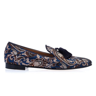 Super Glamourous Louis Masato Men's Shoes Navy Embroidered Jacquard Canvas Tassels Loafers (SPGM1007)-AmbrogioShoes