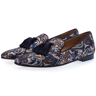 Super Glamourous Louis Masato Men's Shoes Navy Embroidered Jacquard Canvas Tassels Loafers (SPGM1007)-AmbrogioShoes