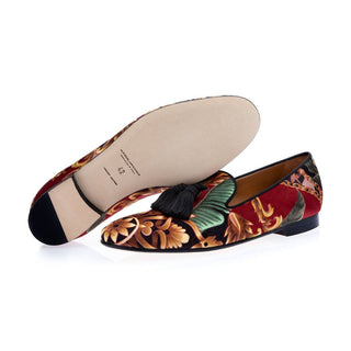 Super Glamourous Louis Philodendron Men's Shoes Red Velvet Print Loafers (SPGM1001)-AmbrogioShoes