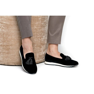 Super Glamourous Louis Velour Men's Shoes Black Velvet Tassels Sneakers (SPGM1019)-AmbrogioShoes
