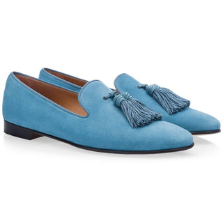 SUPERGLAMOUROUS Louis Velukid Men's Shoes Azure Calf-Skin Leather Suide Slipper Loafers (SPGM1159)-AmbrogioShoes