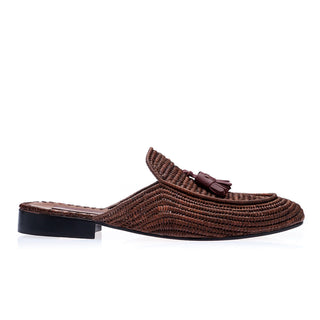 SUPERGLAMOUROUS Melilla Rafia Men's Shoes Brown Calf-Skin Leather Tassel Slipper Mules (SPGM1235)-AmbrogioShoes