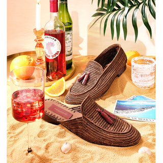 SUPERGLAMOUROUS Melilla Rafia Men's Shoes Brown Calf-Skin Leather Tassel Slipper Mules (SPGM1235)-AmbrogioShoes