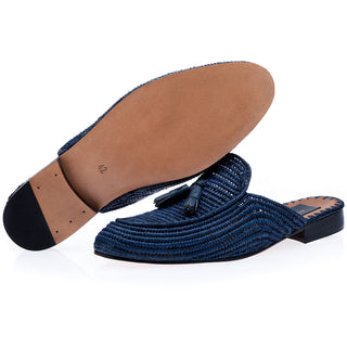 SUPERGLAMOUROUS Melilla Rafia Men's Shoes Navy Calf-Skin Leather Tassel Slipper Mules (SPGM1236)-AmbrogioShoes