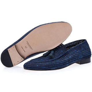 SUPERGLAMOUROUS Melilla Rafia Men's Shoes Navy Fabric Tassel Loafers (SPGMS1058)-AmbrogioShoes