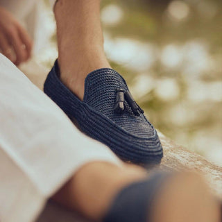 SUPERGLAMOUROUS Melilla Rafia Men's Shoes Navy Fabric Tassel Loafers (SPGMS1058)-AmbrogioShoes