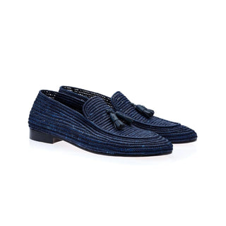 SUPERGLAMOUROUS Melilla Rafia Men's Shoes Navy Fabric Tassel Loafers (SPGMS1058)-AmbrogioShoes