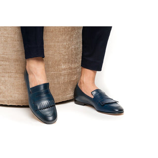 SUPERGLAMOUROUS Men's Shoes Navy Cesar Nappa Calf-Skin Leather Fringed Loafers (SPGM1168)-AmbrogioShoes