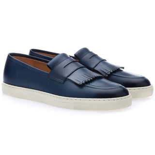 SUPERGLAMOUROUS Men's Shoes Navy Cesar Nappa Calf-Skin Leather Fringed Sneakers (SPGM1171)-AmbrogioShoes