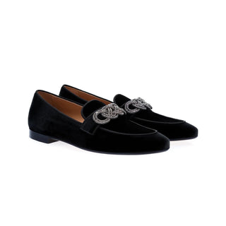 SUPERGLAMOUROUS Morosino Men's Shoes Black Velour Velvet Slipper Loafers (SPGMS1033)-AmbrogioShoes