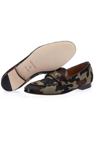 SUPERGLAMOUROUS Morris Green Camouflage Pony Slip-on Horsebit Loafers (SPGM1311)