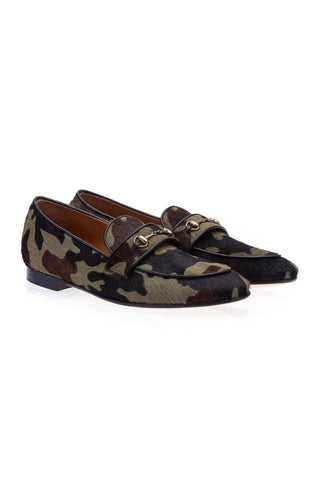 SUPERGLAMOUROUS Morris Green Camouflage Pony Slip-on Horsebit Loafers (SPGM1311)