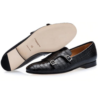 SUPERGLAMOUROUS Odilon Mississippi Men's Shoes Black Exotic Alligator Monk-Straps Loafers (SPGM1107)-AmbrogioShoes
