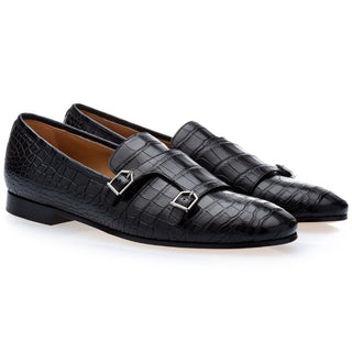 SUPERGLAMOUROUS Odilon Mississippi Men's Shoes Black Exotic Alligator Monk-Straps Loafers (SPGM1107)-AmbrogioShoes