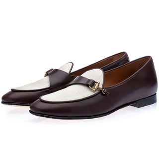 SUPERGLAMOUROUS Rete Men's Shoes White & Cocoa Canvas / Calf-Skin Leather Belgian Loafers (SPGM1329)-AmbrogioShoes