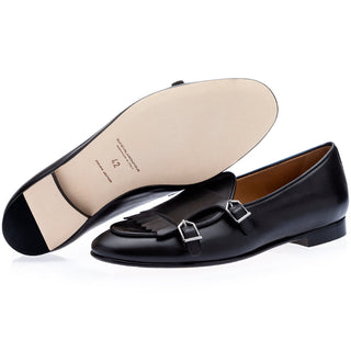 SUPERGLAMOUROUS TANGERINE 7.1 Men's Shoes Black Nappa Leather Monk Belgian Loafers (SPGM1163)-AmbrogioShoes