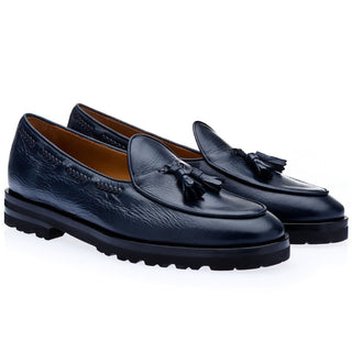 SUPERGLAMOUROUS TANGERINE 8 Men's Shoes Navy Deerskin Leather Belgian Loafers (SPGM1143)-AmbrogioShoes