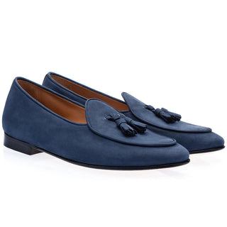 Super Glamourous Tangerine 2 Men's Shoes Navy Nubuck Leather Belgian Loafers (SPGM1068)-AmbrogioShoes