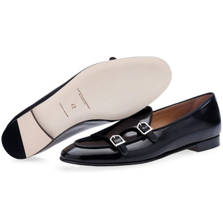 SUPERGLAMOUROUS Tangerine 7 Men's Shoes Black Polished Leather Monk-Straps Belgian Loafers (SPGM1047)-AmbrogioShoes